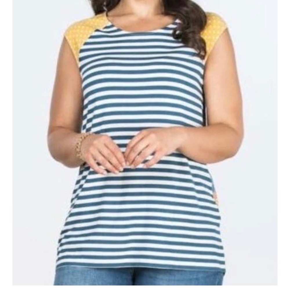 Matilda Jane Navy White Stripe Yellow Polka Dot Floral Accent Tunic Top Womens L